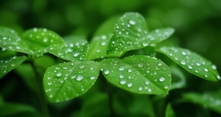 Fototapeta na wymiar Nature's Jewels - A close-up of dewdrops on fresh green leaves