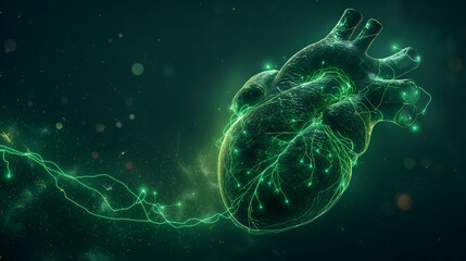 Ethereal Green Heart with ECG Pulse Illustration - obrazy, fototapety, plakaty