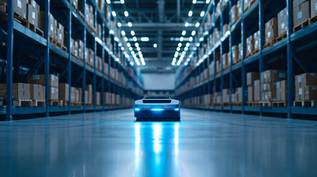 Automatic Guided Vehicle Robot bring box package delivery in warehouse