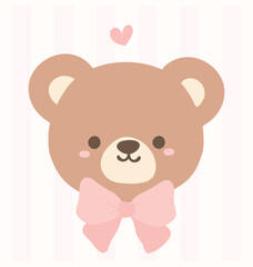 Cute coquette teddy bear face adorned with a pink ribbon bow cartoon hand drawn flat design.