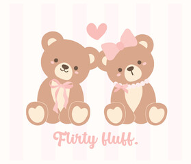 Cute Coquette Teddy Bear couple with Pink Ribbon Bow, Adorable Illustration