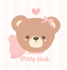 Cute Coquette Teddy Bear face with Pink Ribbon Bow, Adorable Illustration