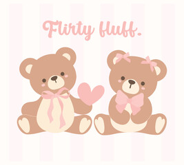 Cute Coquette Teddy Bear couple with Pink Ribbon Bow, Adorable Illustration