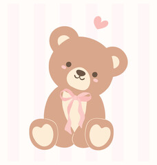 Cute Coquette Teddy Bear with Pink Ribbon Bow Adorable Illustration