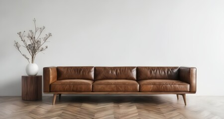  Modern elegance - Timeless leather sofa and minimalist decor - obrazy, fototapety, plakaty