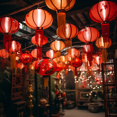 Fototapeta na wymiar Traditional Chinese lanterns hanging in a festive display.