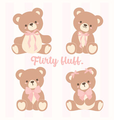 Set of cute Coquette Teddy Bear with Pink Ribbon Bow, Adorable Illustration