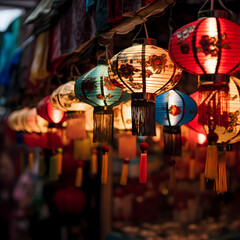 Traditional Chinese lanterns hanging in a festive display.