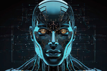 Discover an abstract digital cyborg face, embodying artificial intelligence and future head data network technology. Futuristic and innovative concept.