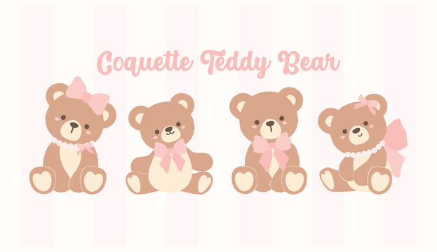 Naklejki Group of 4 Cute Coquette Teddy Bear Friends. Whimsical Cartoon for Kids and Design.