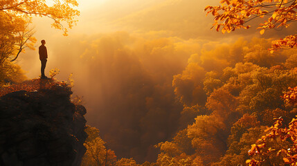 Contemplação outonal A pessoa observa o vale dourado entre árvores tingidas pelas cores do outono - obrazy, fototapety, plakaty