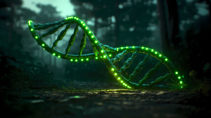 Mystical Green DNA Helix in Forest Ambiance Illustration, DNA render, green DNA