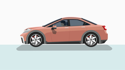 Fototapeta na wymiar Concept vector illustration of detailed side of a flat soft red sedan car. with shadow of car. can view interior of car with driving man. Isolated two tone background.