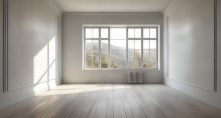 Obraz premium Empty room with large windows and mountain view