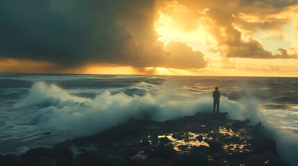 Uma pessoa diante da imensidão do oceano entre a tempestade e a calmaria buscando esperança no horizonte - obrazy, fototapety, plakaty