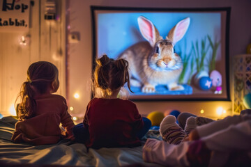 Cozy Evening In: Children Engrossed in Watching an Animated Bunny Movie at Home