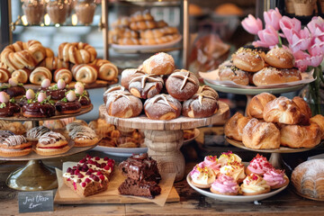 Artisan Bakery Showcase: A Delectable Array of Pastries and Sweet Treats with Fresh Flowers