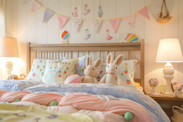 Cozy Easter-Themed Bedroom Decor with Plush Bunnies and Festive Pillows