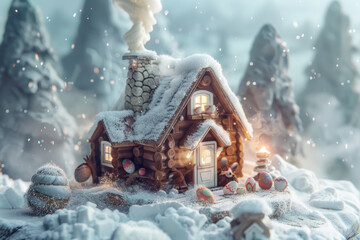 Winter Wonderland - Snow-Covered Log Cabin in a Magical Forest