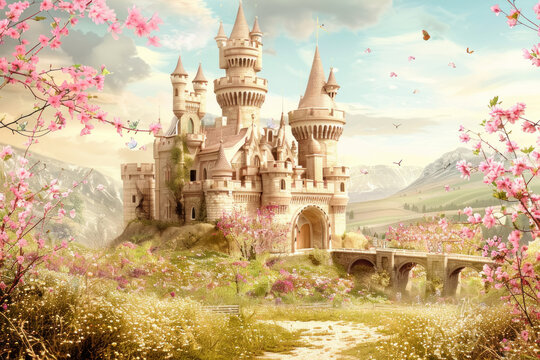 Enchanted Springtime Castle Amidst Blossoming Cherry Trees in a Fairytale Landscape