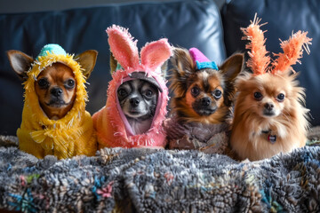 Adorable Dogs in Festive Easter Costumes Peeking Over a Cozy Blanket