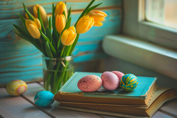 Cozy Easter Still Life with Painted Eggs and Fresh Tulips by the Window