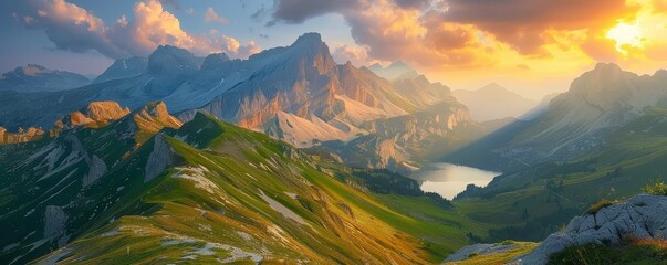 Alpine paradise majestic mountains and lakes bathed in sunset light