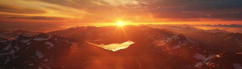 Dramatic sunset over alpine landscapes where mountains meet crystal lakes