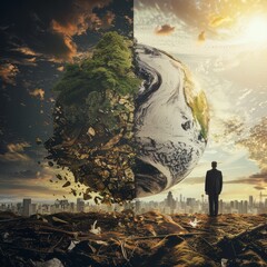 Greedy banker overlooking a globe where one half shines with wealth while the other shows ecological collapse a dramatic contrast