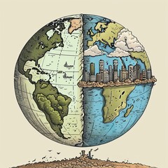 Illustration of wealth accumulation on one side of the globe and ecological collapse on the other stark contrast