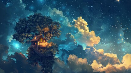 Storytelling under a whimsical night sky a perfect childs book cover illustration with dreamy clouds