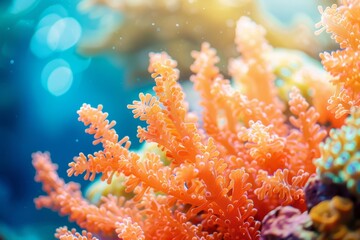 Close up image of coral, in the style of bokeh, uhd image, bright and vivid colors, light-filled seascapes, cross processing.