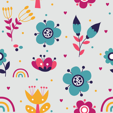 Seamless pattern of cute cartoon floral illustration