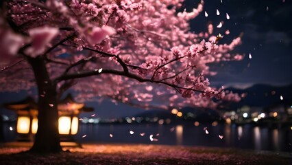 Cherry blossom branch, flower petal on the lakeside at night - Powered by Adobe