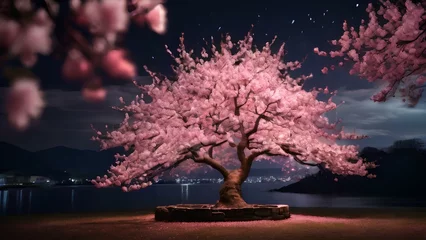 Fototapeten Pink Cherry Blossoms tree on the lakeside at night © Tri