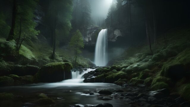 A long-exposure shot of a waterfall and a forest. The waterfall is white and smooth, and it creates a mist around it. The forest is green and dense, and it has some rocks and moss on it.