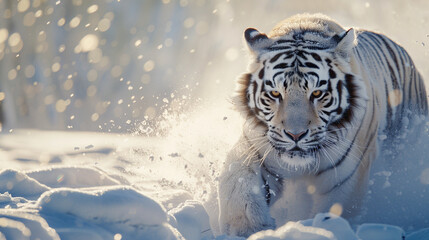 White tiger running in the snow, Generate Ai - obrazy, fototapety, plakaty