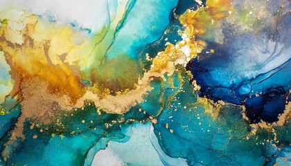 Fototapeta na wymiar Currents of translucent hues, snaking metallic swirls, and foamy sprays of color shape the landscape of these free-flowing textures. Natural luxury abstract fluid art painting in alcohol ink techniq