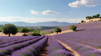A wide-angle shot of a lavender field in Provence, France. The lavender is in full bloom and has a soothing fragrance
