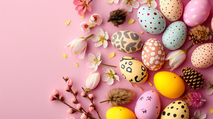 Fototapeta na wymiar Happy Easter. Horizontal banner, colorful eggs on pin background,