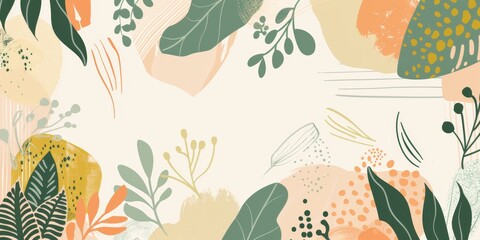 Abstract botanical artwork with earthy tones and various organic shapes and textures on an off-white background.