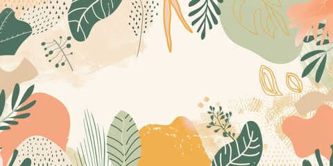 Abstract botanical artwork with earthy tones and various organic shapes and textures on an off-white background.