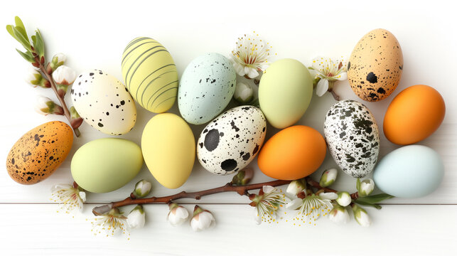 Happy Easter. Horizontal banner, colorful eggs on white background, natural colors