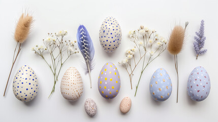 Happy Easter. Horizontal banner, colorful eggs on white background, lilac pastel colors