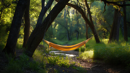 Um refúgio sereno rede entre árvores córrego suave yoga na clareira conexão com a natureza e tranquilidade - obrazy, fototapety, plakaty