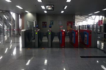 Jakarta, Indonesia - May 31st 2022 - The automatic ticket gate at the light rapid transit station is currently quiet