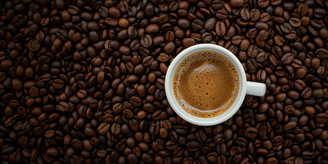 Fototapeta premium Top view of a fresh cup of coffee on a bed of roasted beans