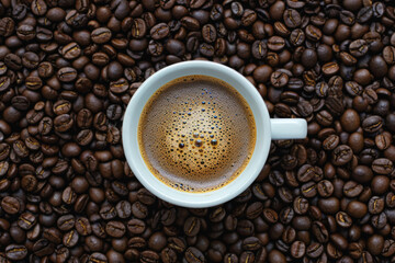 Fototapeta premium Top view of a fresh cup of coffee on a bed of roasted beans