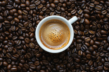 Top view of a fresh cup of coffee on a bed of roasted beans