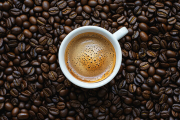 Fototapeta premium Top view of a fresh cup of coffee on a bed of roasted beans